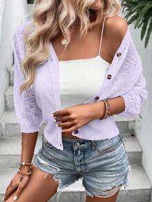 EMERY ROSE 女士纯色短袖单排扣休闲薄纱开衫 - 淡紫色 - 查看 3