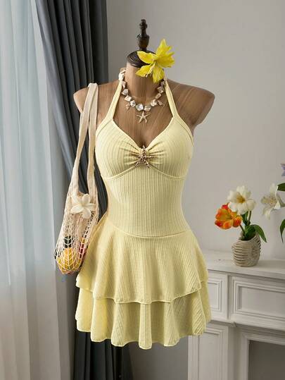 Bellisia Women's Elegant Lemon Yellow One-Piece Cake Skirt Swimsuit, Suitable For Beach, Pool, Casual Outdoor, Party, Holiday In Spring & Summer