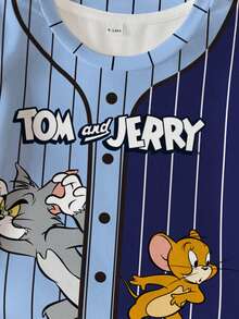 TOM & JERRY X SHEIN 男婴休闲撞色条纹卡通印花上衣，夏季 - 白色 - 查看 5