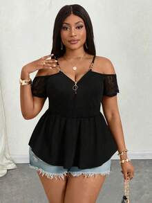 新款春夏女式金属链条吊带露肩T恤上衣，黑色修身T恤上衣，都市时尚性感女神T恤上衣，蕾丝袖拼接，日常休闲T恤，度假旅行性感T恤 - 黑色 - 查看 7