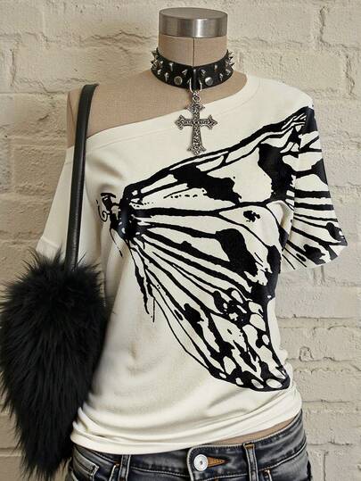 INAWLY Camiseta asimétrica de mujer con estampado de mariposa retro Y2K, estilo casual suelto de manga corta sexy de moda punk rock