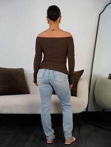 SAYEHFBABY 女士日常外出穿的垃圾摇滚风灰黑条纹针织露肩长袖T恤 - 咖啡棕 - 查看 2