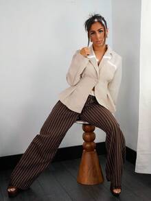 SAYEHFBABY 女士休闲亚麻收腰长袖翻领薄款西装外套，杏色，秋冬 - 杏色 - 查看 2