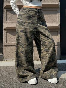 Dazy Plus 迷彩印花宽松阔腿街头风格长牛仔裤，四季皆宜 - 軍綠色 - 查看 5