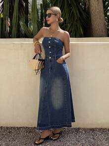 DAZY Mono de mezclilla lavado informal con bolsillos para mujer, de verano - Azul lavado medio - Ver 7