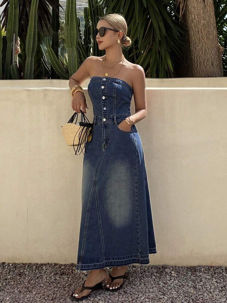 Women's Casual Washed Denim Jumpsuit Dress With Pockets, Summer