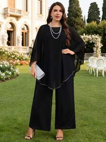 Zaforene Damen Große Größen Elegantes Pendler Cape Top, Weste und Hose Set - Schwarz - Übersicht 4