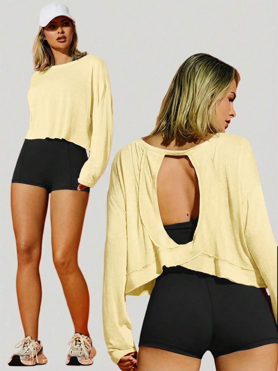 VARSITIE Women's Casual Solid Color Hollow Back Sports T-Shirt - Yellow - View 1