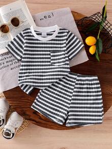 SHEIN 2pcs Toddler Infant Baby Boys Fashion Black & White Striped Waffle Knit Fabric Pocket Round Neck Short Sleeve T-Shirt And Black Elastic Waist Shorts Set, Summer Baby Summer Outfit Boy Baby Boy Summer Clothes Toddler Summer Outfits Baby Boy Striped Outfit Matching Striped Set Two Piece Summer Sets Toddler Set Stripe Set - Black and White - View 3