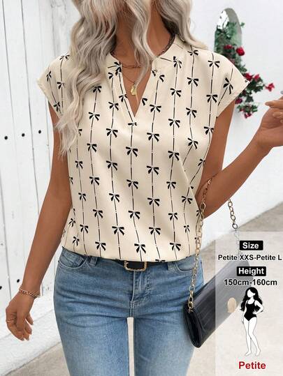 SHEIN PETITE Women's Spring/Summer Butterfly Print Cutout Collar Batwing Sleeve Blouse