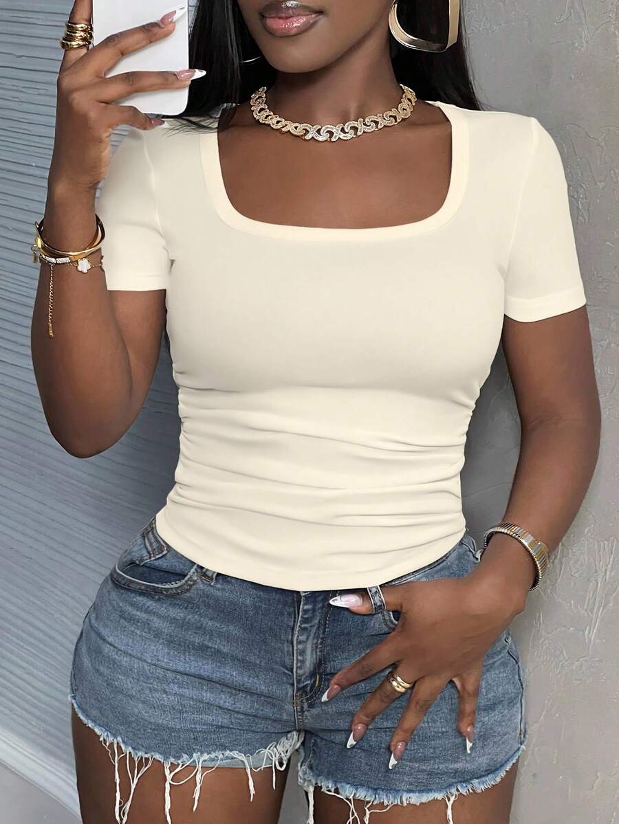 Slaydiva Plus Size Solid Color Square Neck Short Sleeve T-Shirt - Apricot - View 1