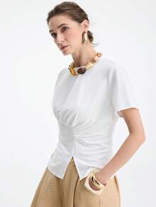 Aalyst Damen elegantes Pendler-Lässig-Büro-Raffungen-asymmetrischer Saum T-Shirt - Weiss - Übersicht 5