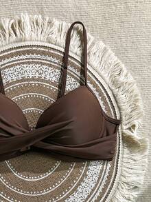 Swim Basics Zestiva Swimwear Yk2k 女士纯色泳衣上装，适合度假和海滩穿着，棕色聚拢文胸 - 棕色 - 查看 6