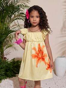 Young Girls Cute Floral Ruffle Hem Loose A-Line Casual Vacation Home Outdoor Back To School Dress, Spring/Summer - Yellow - View 6
