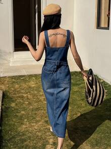 DAZY Đầm yếm thắt eo cho nữ, đầm denim maxi thanh lịch và giản dị. - Rửa trung bình - Xem 6