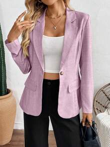 SHEIN 女款藕紫色翻領單排扣西裝外套，秋季休閒商務辦公穿搭，純色長袖修身百搭商務款 - 粉色 - 查看 4