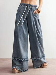 SHEIN BohoFeels Women's Loose Wide Leg Woven Denim Pants, Suitable For Spring/Summer Vacation - Medium Wash - View 8
