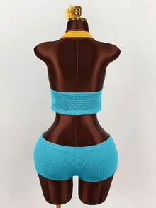 Amplova Bộ 2 món gồm quần short ngắn kẻ sọc cổ chữ V sâu, buộc dây phía trước. - Màu xanh lam - Xem 2