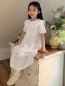 Dazy Kids 少女夏季新款寬鬆休閒度假風純色鏤空刺繡中長洋裝陽光裙 - 白色 - 查看 3