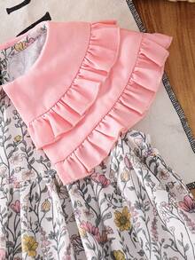 Young Girl Vacation Casual Colorblock Ruffle Floral Print Dress Young Girls Clothing Vintage Dress For Kids Kids Clothes - Pink - View 6