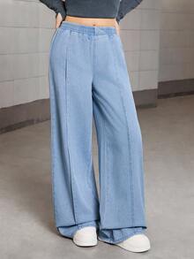 Y2K Washed Light Blue Asymmetric Elastic Waist Loose Straight Leg Jeans,Summer Streetwear Teen Holiday Back-To-School Comfortable Versatile Outings - Light Wash - View 4