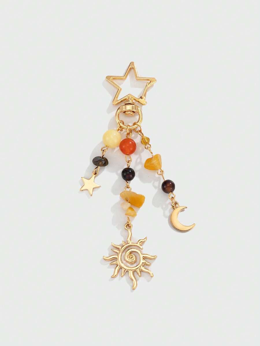 ROMWE Fairycore 1 Piece Bohemian Style Multi-Colored Crystal Beaded Tassel Keychain, Star, Moon And Sun Pendant Keychain, For Decoration, Bag Pendant, Gifts For Classmates, Friends And Family - Yellow Gold - View 1