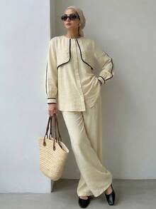 Solavon 女士休闲通勤撞色滚边衬衫和裤子两件套 - 杏色 - 查看 1