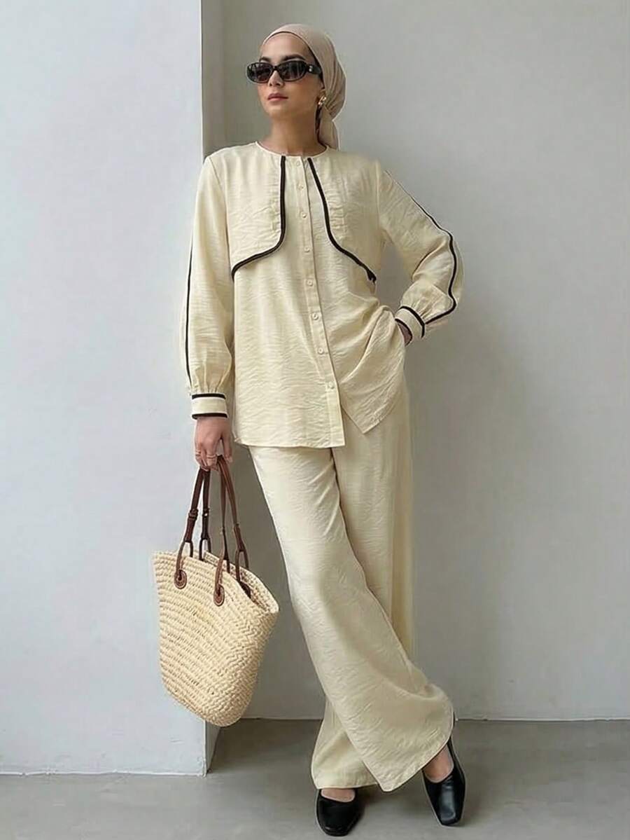 Solavon 女士休闲通勤撞色滚边衬衫和裤子两件套 - 杏色 - 查看 1