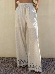 DAZY Women's Striped Drawstring Ankle Print Pants, Suitable For Summer And Spring - White - View 5