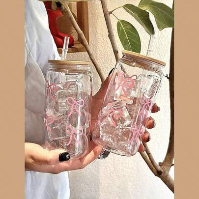 1 PC Ribbon-Patterned Water Bottle With Lid And Straw, 500ml Tumbler Cup Suitable For Iced Coffee, Tea, Juice, And Milk; Ideal For Birthday Gifts, Office, Restaurant, Classroom, Picnic, Party, Valentine's Day And New Year.