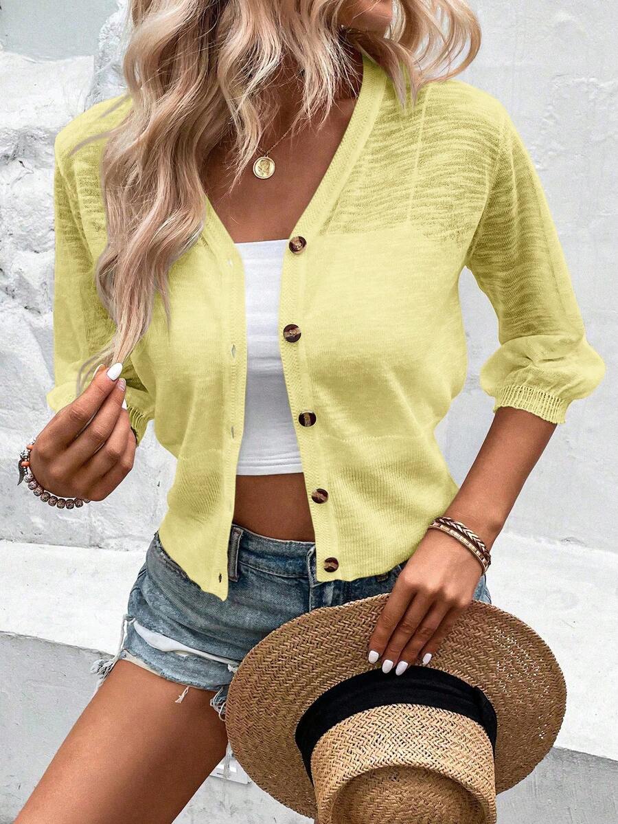 EMERY ROSE Women's Solid Color Short Sleeve Single-Breasted Casual Sheer Cardigan - Yellow - View 1