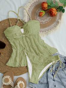 Swim Mod Women's Solid Apricot Textured Fabric Beaded Decor Camisole & Bikini Set, Suitable For Summer Beach & Vacation - Mint Green - View 3