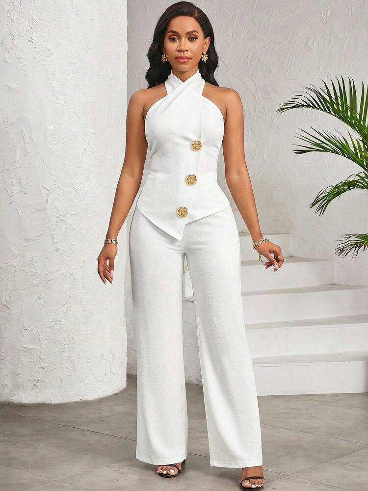 SHEIN Lady Ensemble 2 pièces à la mode pour femme, haut dos nu asymétrique à ourlet métallique et pantalon, style vacances - Blanc - Voir 6