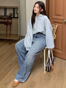 Dazy Plus 心形印花花卉宽松直筒水洗做旧长牛仔裤，四季皆宜 - 中等水洗藍 - 查看 5