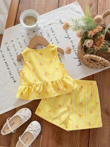 SHEIN 女婴可爱碎花吊带背心和松紧腰短裤套装，夏季 - 黃色 - 查看 2