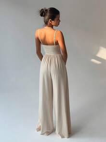 SHEIN Tall 女士休闲褶皱宽松直筒连体裤，春夏款 - 杏色 - 查看 2