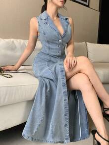 DAZY 春夏时尚复古水洗蓝收腰修身休闲音乐节街头度假风翻领中长牛仔衬衫裙高开衩女式长裙 - 藍色 - 查看 9