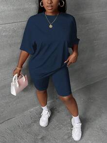 Slaydiva Plus Size Summer Casual Solid Color T-Shirt And Shorts 2 Pieces Set - Navy Blue - View 3
