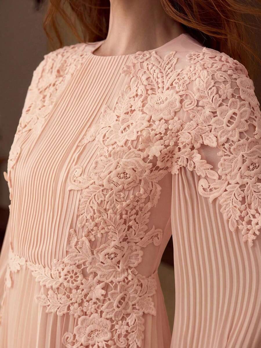 MOTF PREMIUM ROBE LONGUE ÉLÉGANTE ET ROMANTIQUE POUR FEMMES, PATCHWORK EN DENTELLE ET PLISSÉE, PRINTEMPS/ÉTÉ - Vieux Rose - Voir 1