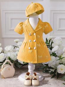 Souflis Souflis Baby Girls' Dreamy Yellow Bow Textured Elegant Classic Dress With Beret Hat - Yellow - View 3
