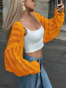 Batwing Sleeve Hollow Out Lightweight Knit Cardigan - Orange - View 2