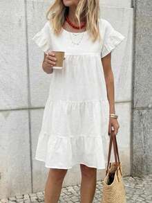 Brillora 女士休闲优雅浪漫度假多层纯棉白色宽松迷你连衣裙，春夏款 - 白色 - 查看 10