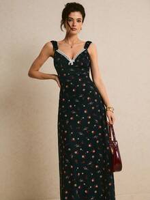 Poéselle Women's Elegant Small Floral Print Dress, Summer - Black - View 5