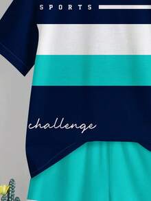 SHEIN Baby Boy Casual Simple T-Shirt Set Suitable For Summer, Classic Striped Pattern Print, Fashionable Text Logo Print - Multicolor - View 7