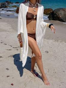 Livesso 女士V领宽松开襟休闲优雅和服罩衫 - 白色 - 查看 3