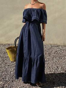 DAZY Vestido largo y súper holgado de mujer, vestido de mezclilla lavada de estilo vacacional - Azul lavado oscuro - Ver 7