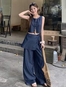 DAZY Women's Crew Neck Cropped Denim Vest And Wrap-Style Maxi Skirt Pants Denim Set, Stylish Vacation Vibe - Dark Wash - View 6