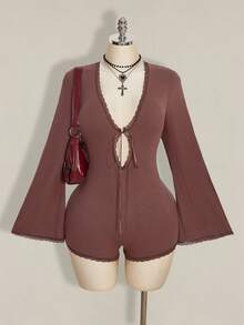 SHEIN ICON 大码女式蕾丝拼接喇叭袖连体裤 - 棕色 - 查看 3