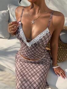 Aloruh New Arrival Women's Casual Elegant Sweet Cute Sexy Brown Plaid Contrast Lace Backless Camisole - Brown - View 3