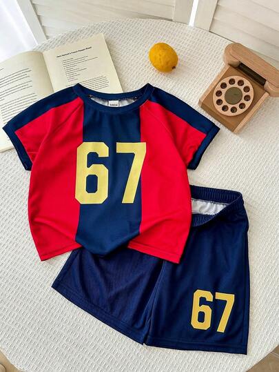 Bubblio 2pcs/Set Young Boys' Sports Style Red & Blue Striped Jersey Outfit, Knit Top Tee And Shorts Set, Suitable For Barcelona Team, Indoor, Outdoor, Daily, Sports, Play, Party, Photo Shoot, Vacation, Match, Spring/Summer Summer Outfits Y2k Vacation Tendencias Ss26 Streetwear  Burgundy Holiday Vintage Boho Festival Gras Party Cute Birthday Boys Modest Casual Cozy